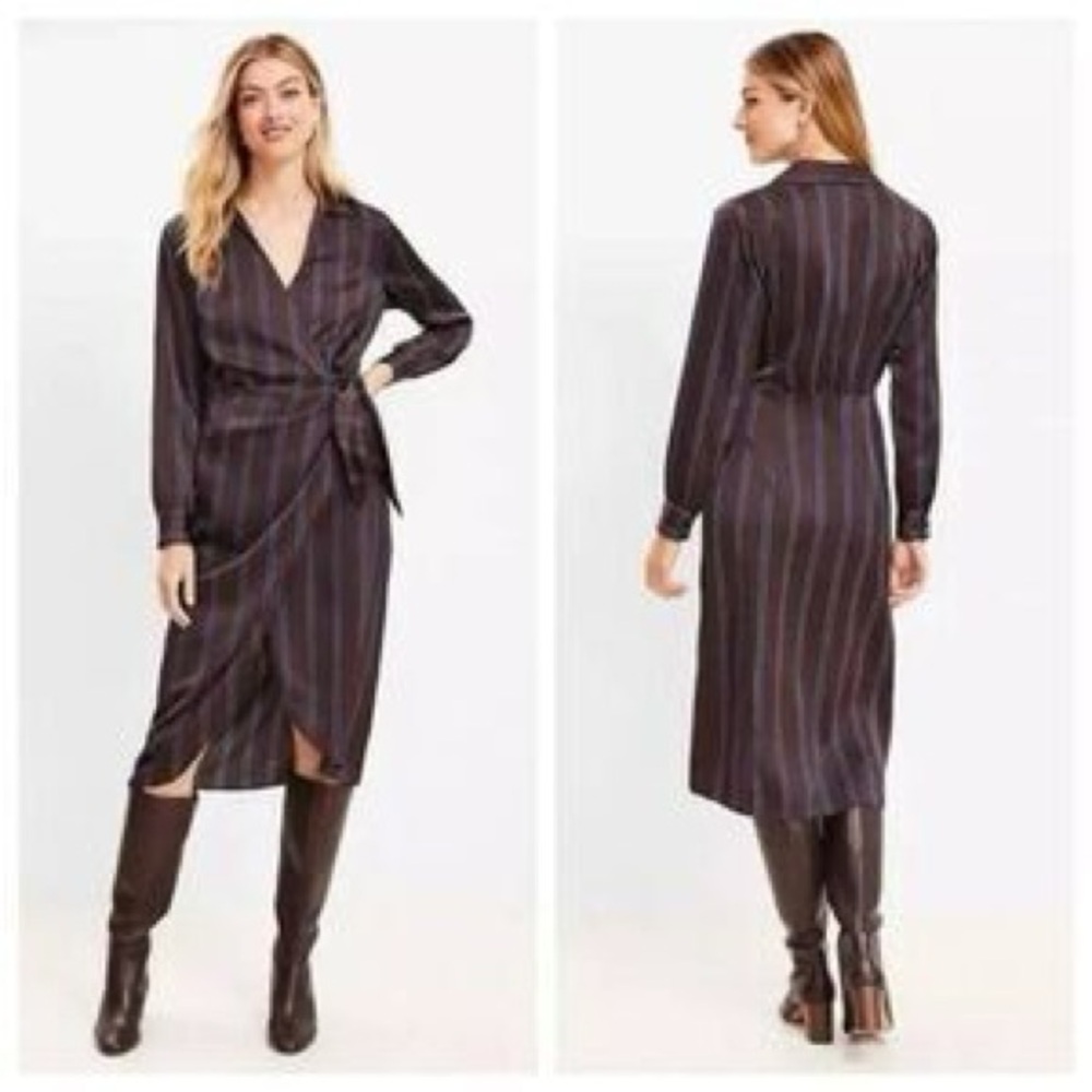 LOFT Brown and blue pin Striped Long Sleeve wrap Dress, size Large Petite. NWT
